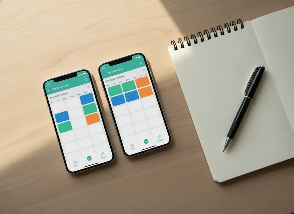 Two phones side by side showing a scheduling app and a call log, illustrating a field service software comparison