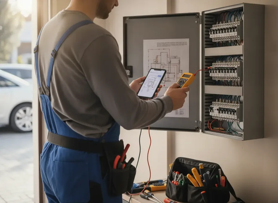 Illustration of an electrician sending an invoice from a phone at a job site
