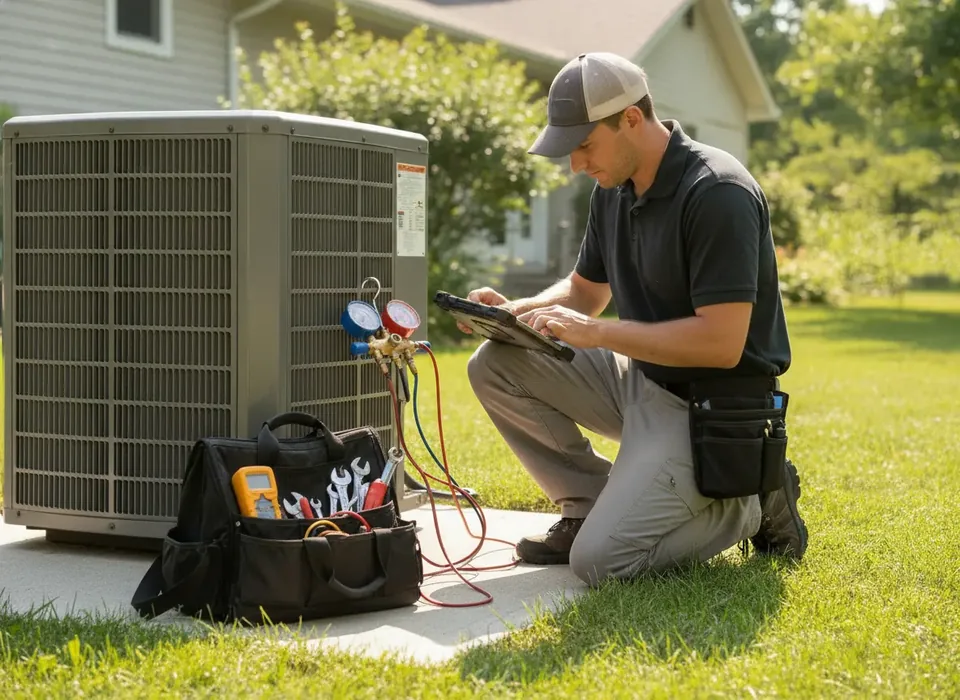 Illustration of an HVAC technician reviewing a schedule on a tablet beside a rooftop unit