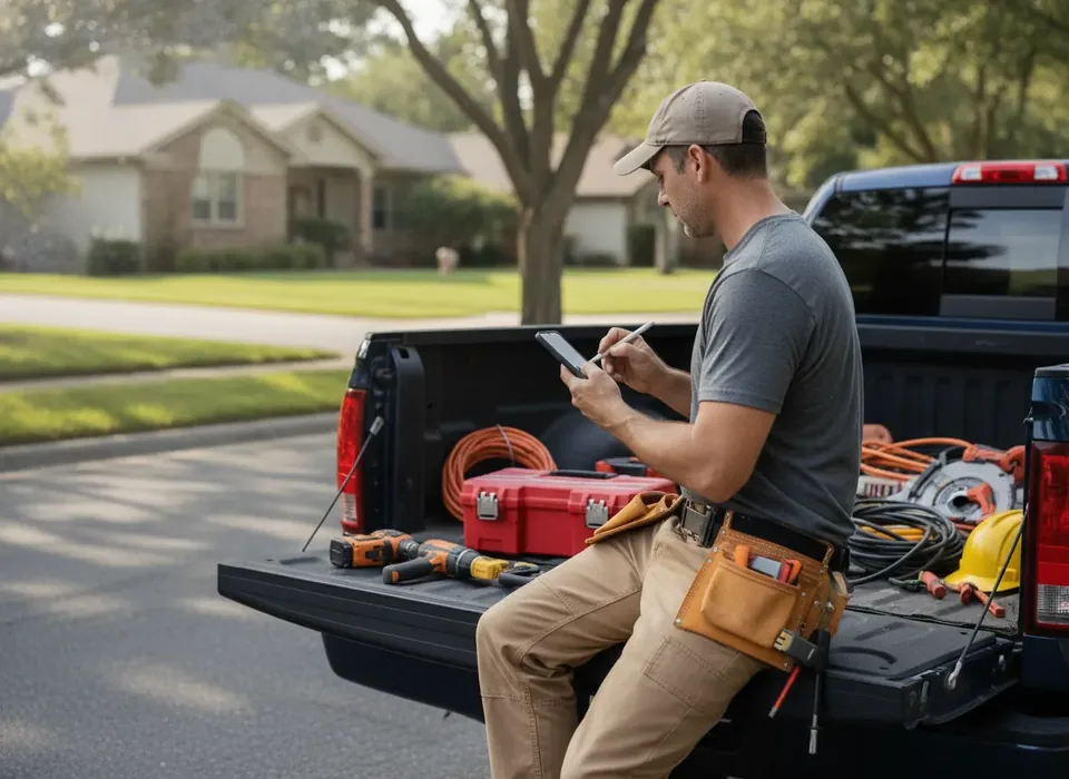 A contractor standing beside a work van checking a phone